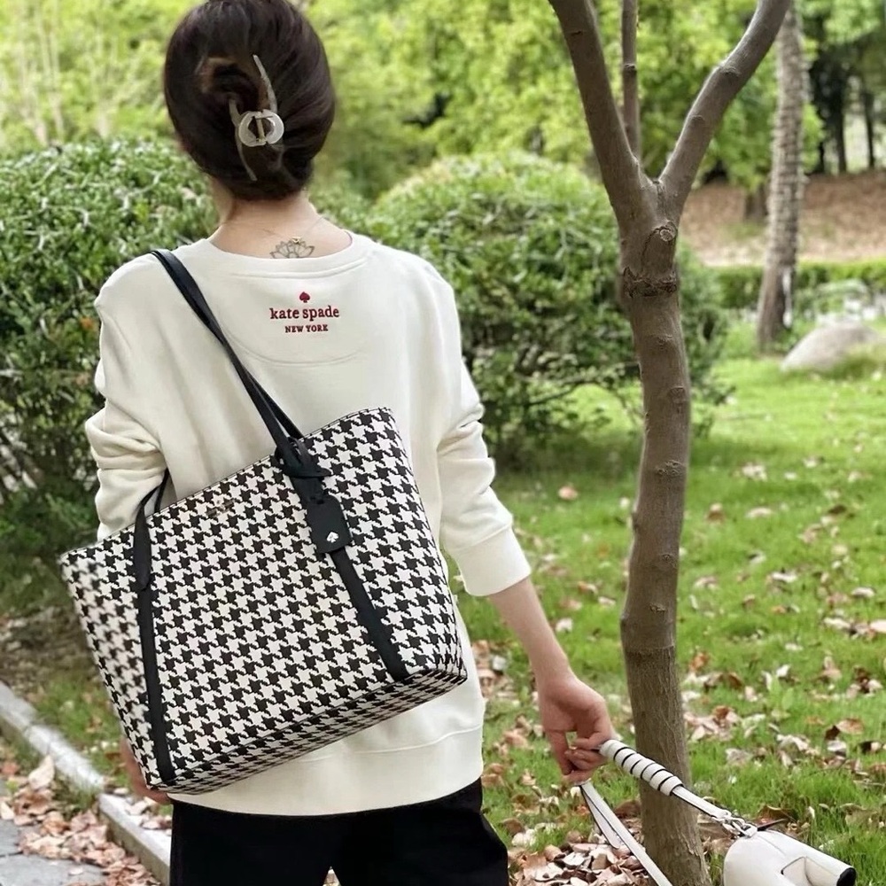Kate Spade Large Cara Tote Shoulder Bag In Houndstooth Print - Picture 2 of 10